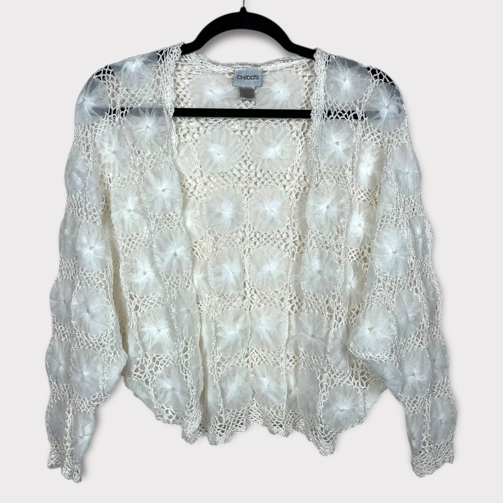Chicos Crochet Gauze Floral Cardigan Small Dainty Romantic Coquette Cottagecore